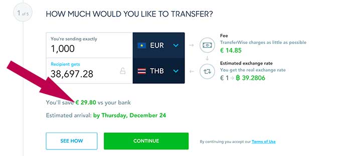 Screenshot von TransferWise Nutzung